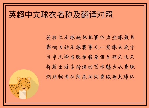 英超中文球衣名称及翻译对照
