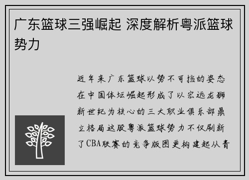 广东篮球三强崛起 深度解析粤派篮球势力