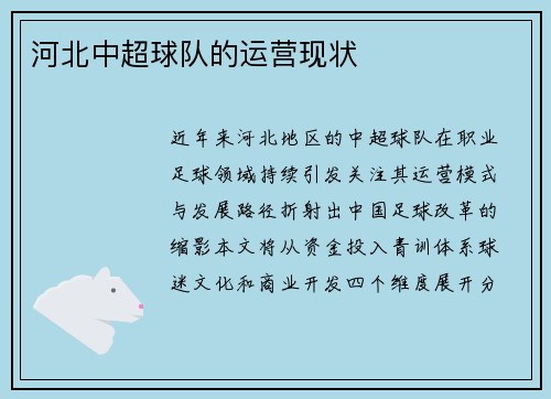 河北中超球队的运营现状